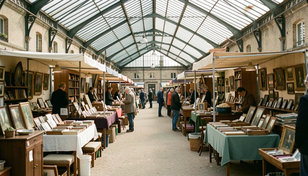 Allée principale d'un rendez-vous d'antiquaires reliant plusieurs stands sous une verrière basse